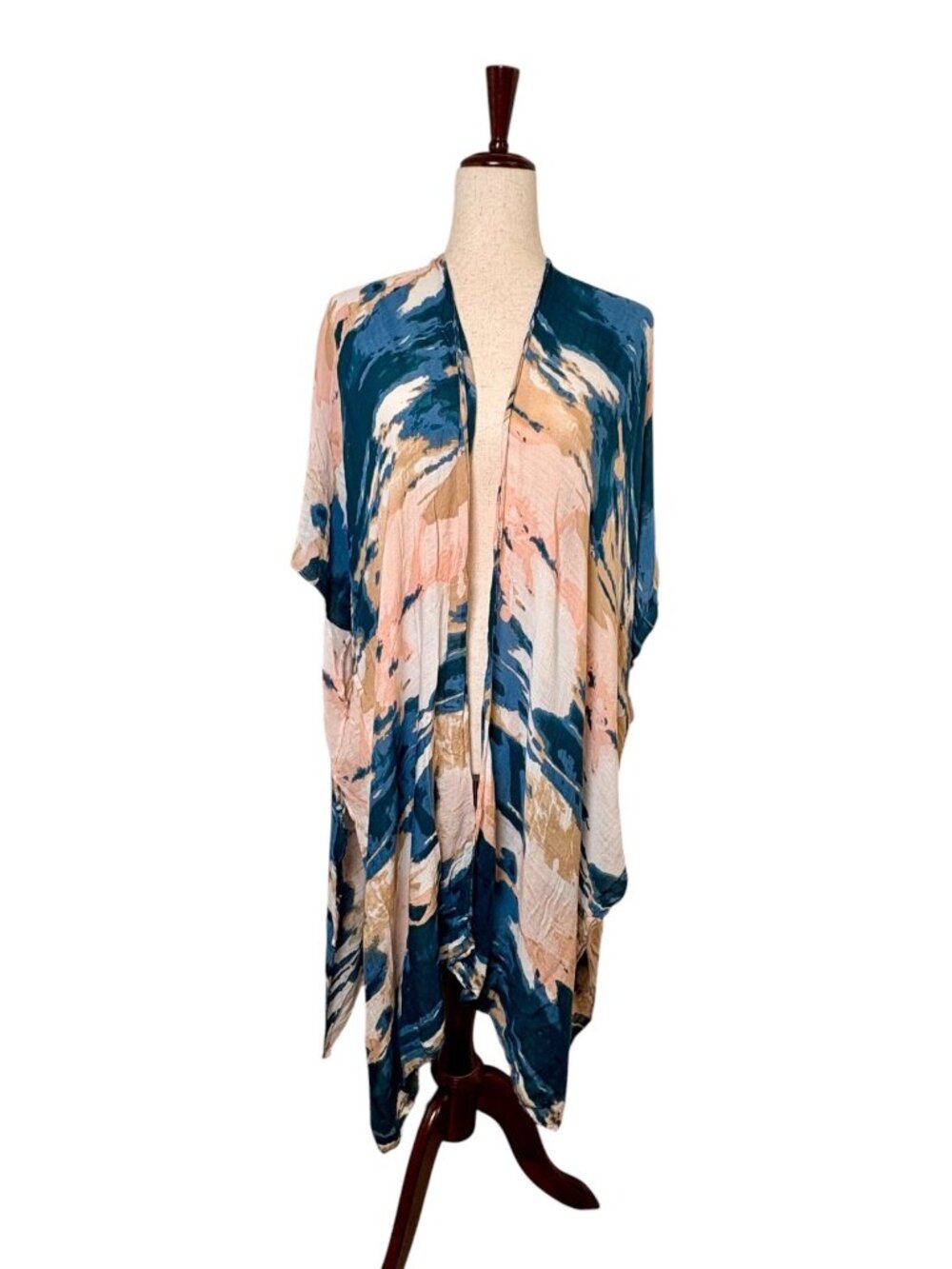 Moss Rose Blue Pink Tan Abstract Kimono Duster Cover Up One Size